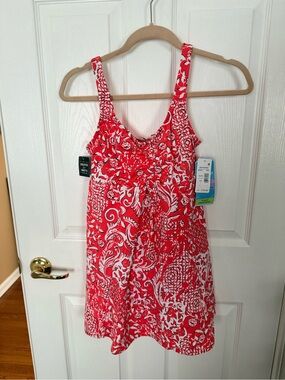 Swim Solutions Red and White Floral Tankini Dress